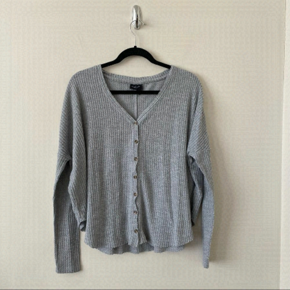 Uo-Out from Under Grey Waffle Button Down Long Sleeve Thermal (Xs)